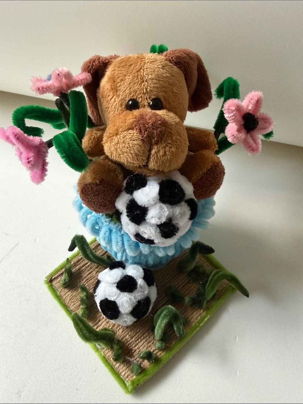 Plush Brown Puppy with Pink Flowers and Soccer Ball - Brown & Pink